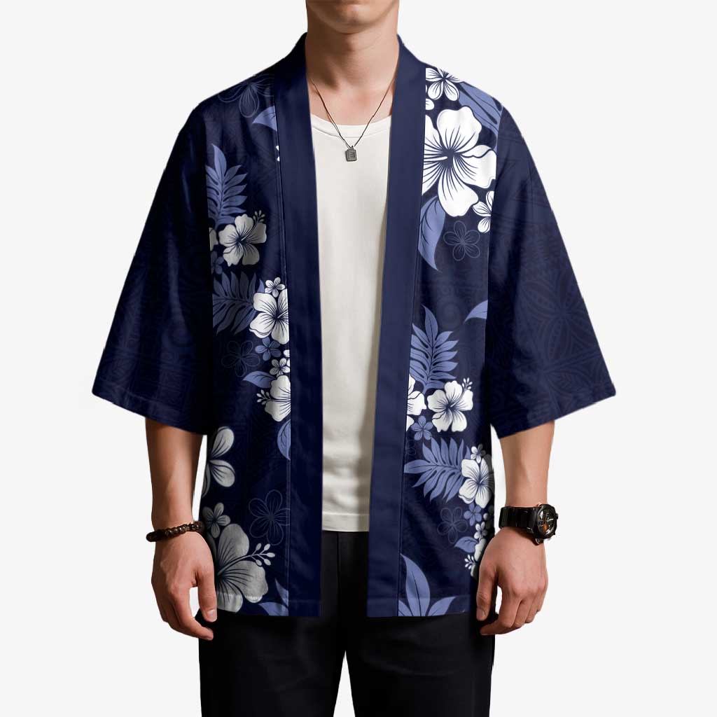 Hawaiian Hibiscus Tribal Floral Blue Kimono Polynesian Tapa Pattern - Polynesian Pride