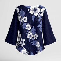 Hawaiian Hibiscus Tribal Floral Blue Kimono Sleeve Blouse Polynesian Tapa Pattern - Polynesian Pride