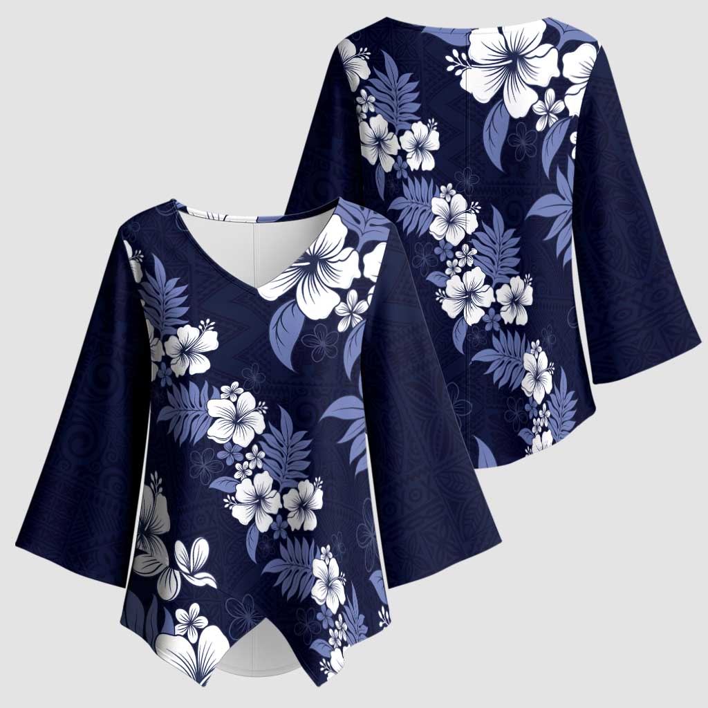 Hawaiian Hibiscus Tribal Floral Blue Kimono Sleeve Blouse Polynesian Tapa Pattern - Polynesian Pride