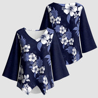 Hawaiian Hibiscus Tribal Floral Blue Kimono Sleeve Blouse Polynesian Tapa Pattern - Polynesian Pride
