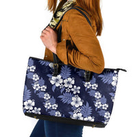 Hawaiian Hibiscus Tribal Floral Blue Leather Tote Bag Polynesian Tapa Pattern - Polynesian Pride