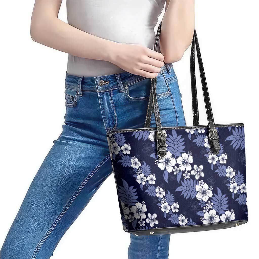 Hawaiian Hibiscus Tribal Floral Blue Leather Tote Bag Polynesian Tapa Pattern - Polynesian Pride