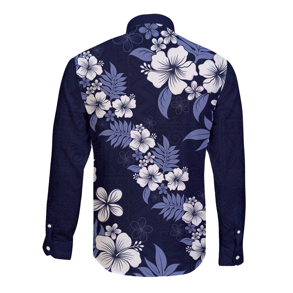 Hawaiian Hibiscus Tribal Floral Blue Long Sleeve Button Shirt Polynesian Tapa Pattern - Polynesian Pride