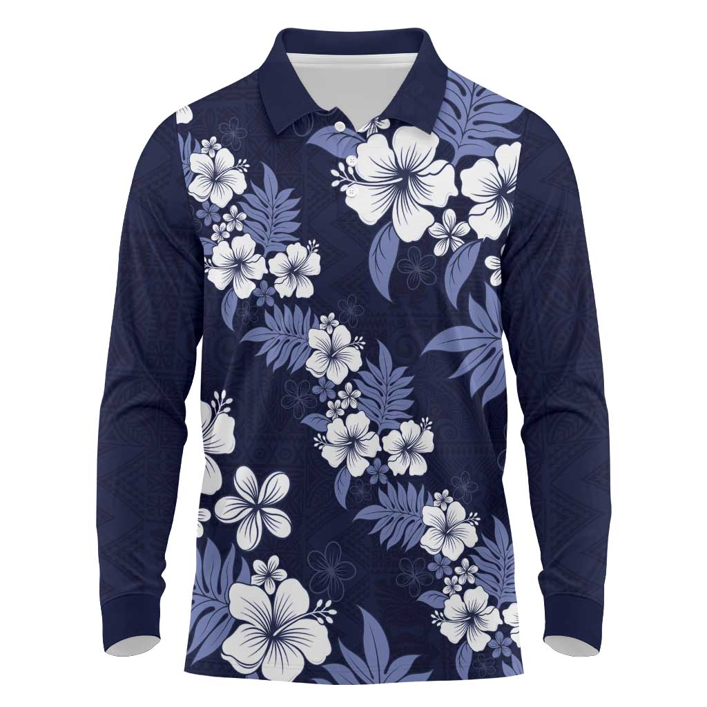 Hawaiian Hibiscus Tribal Floral Blue Long Sleeve Polo Shirt Polynesian Tapa Pattern - Polynesian Pride