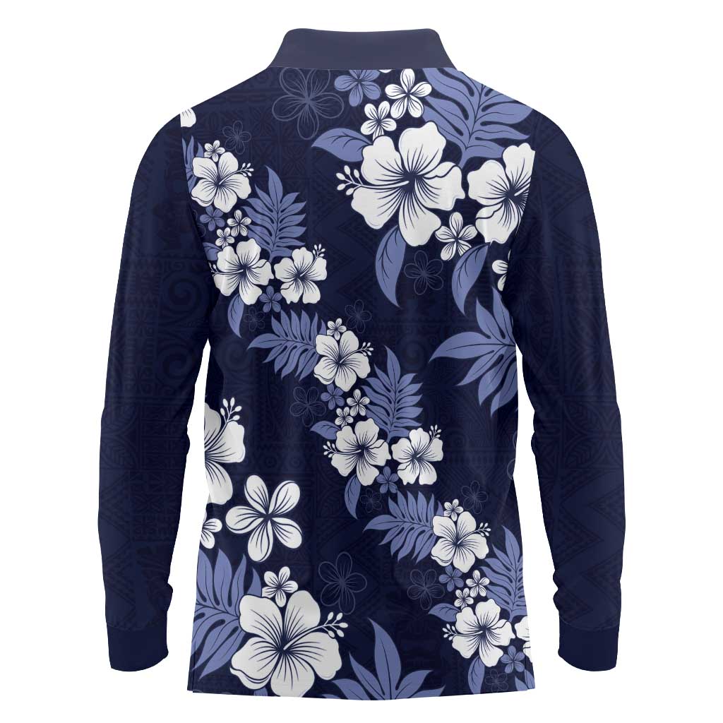 Hawaiian Hibiscus Tribal Floral Blue Long Sleeve Polo Shirt Polynesian Tapa Pattern - Polynesian Pride