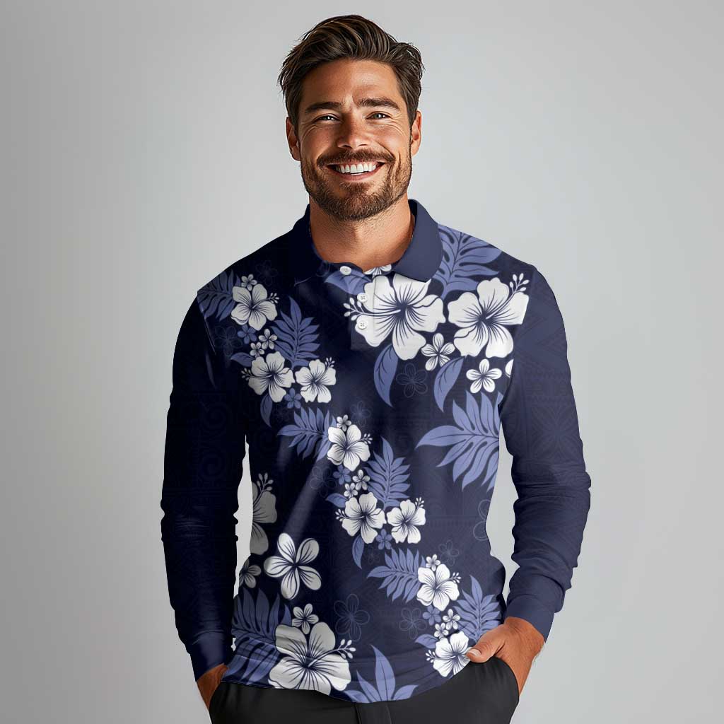 Hawaiian Hibiscus Tribal Floral Blue Long Sleeve Polo Shirt Polynesian Tapa Pattern - Polynesian Pride