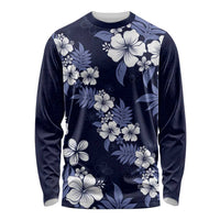 Hawaiian Hibiscus Tribal Floral Blue Long Sleeve Shirt Polynesian Tapa Pattern - Polynesian Pride