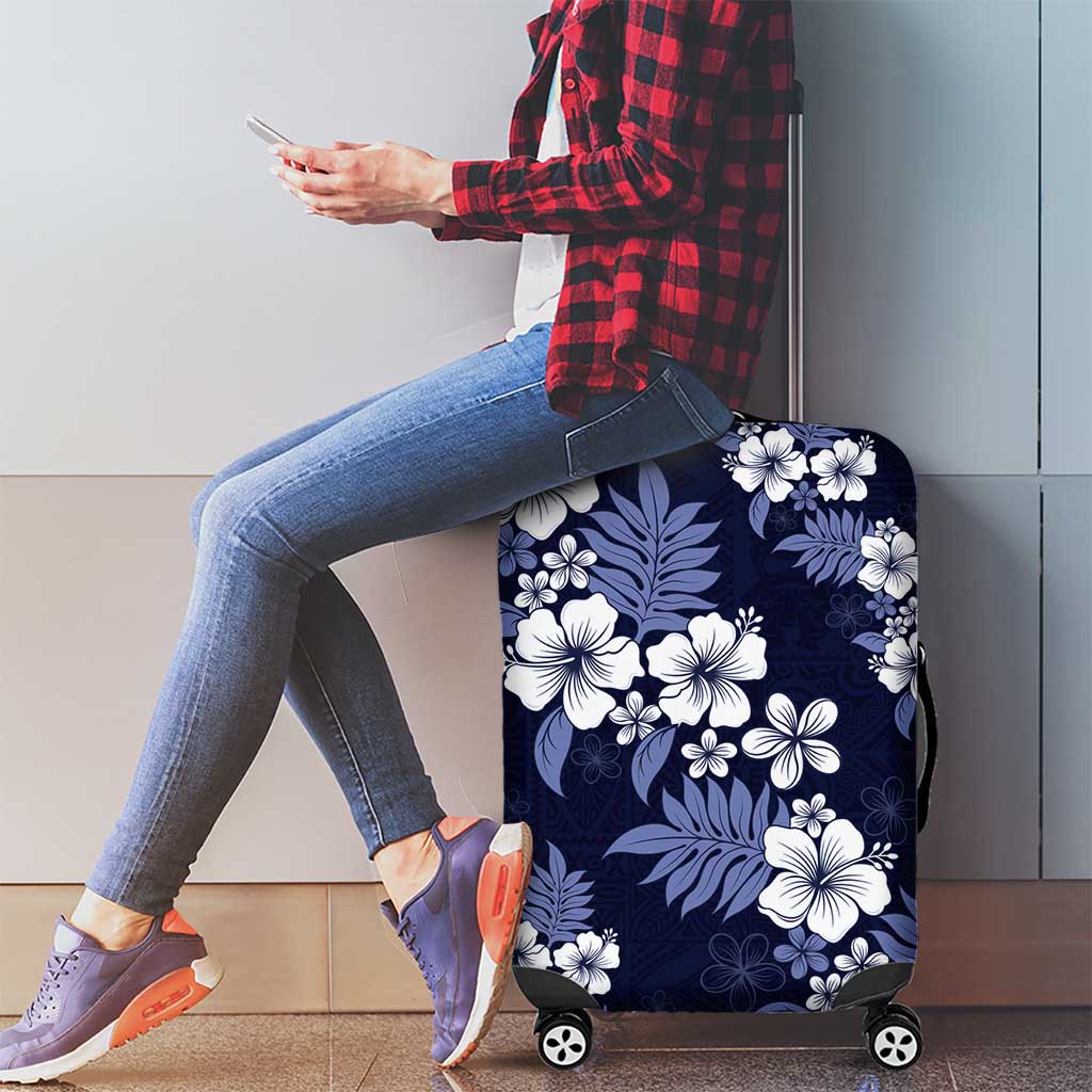 Hawaiian Hibiscus Tribal Floral Blue Luggage Cover Polynesian Tapa Pattern - Polynesian Pride