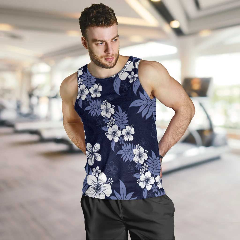 Hawaiian Hibiscus Tribal Floral Blue Men Tank Top Polynesian Tapa Pattern - Polynesian Pride