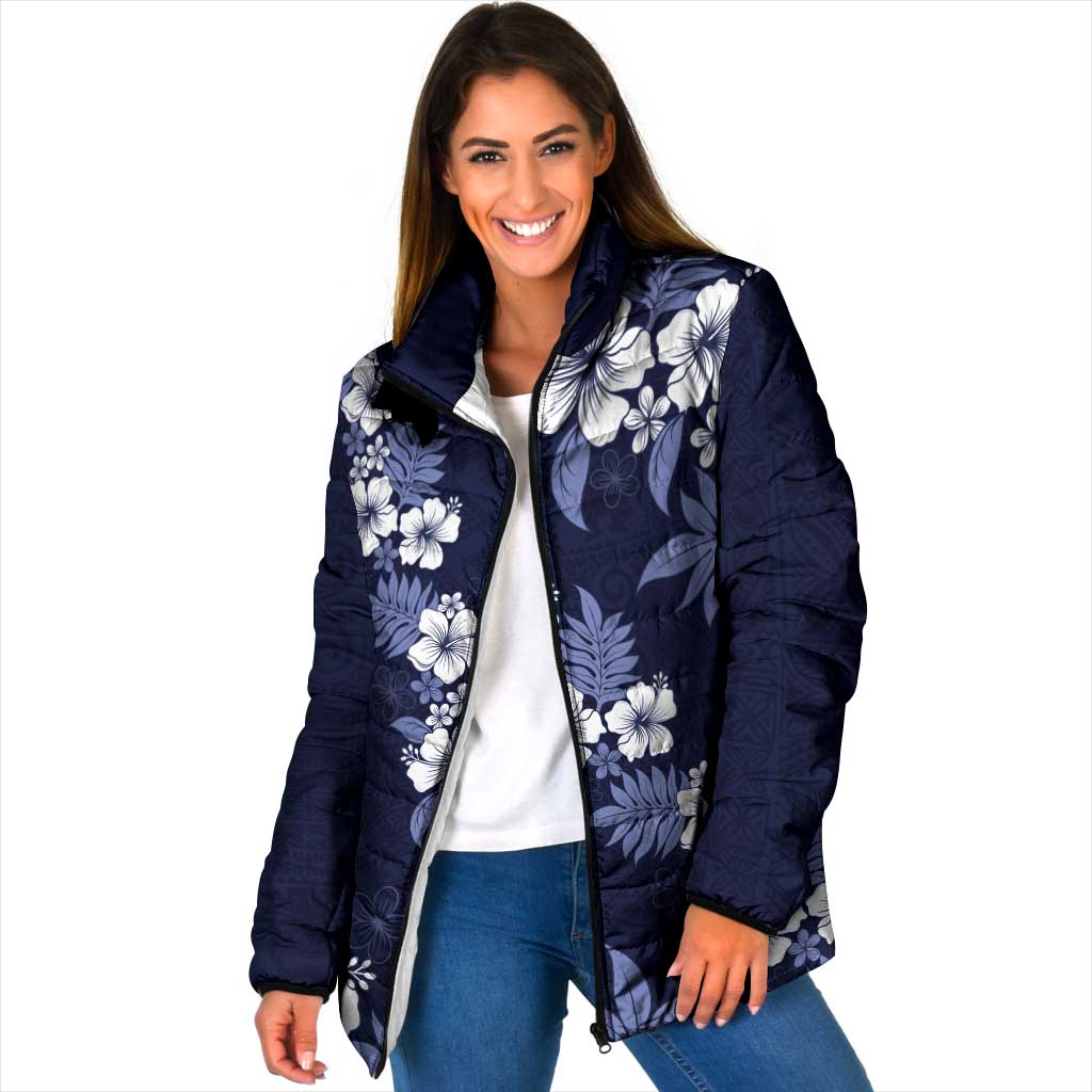 Hawaiian Hibiscus Tribal Floral Blue Padded Jacket Polynesian Tapa Pattern - Polynesian Pride