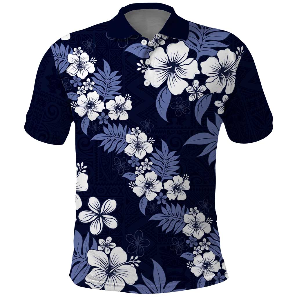 Hawaiian Hibiscus Tribal Floral Blue Polo Shirt Polynesian Tapa Pattern - Polynesian Pride