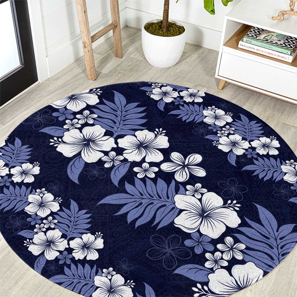 Hawaiian Hibiscus Tribal Floral Blue Round Carpet Polynesian Tapa Pattern - Polynesian Pride