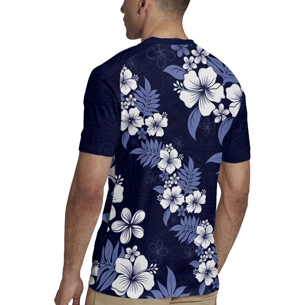 Hawaiian Hibiscus Tribal Floral Blue Rugby Jersey Polynesian Tapa Pattern - Polynesian Pride