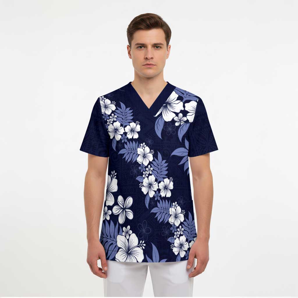 Hawaiian Hibiscus Tribal Floral Blue Scrub Top Polynesian Tapa Pattern - Polynesian Pride