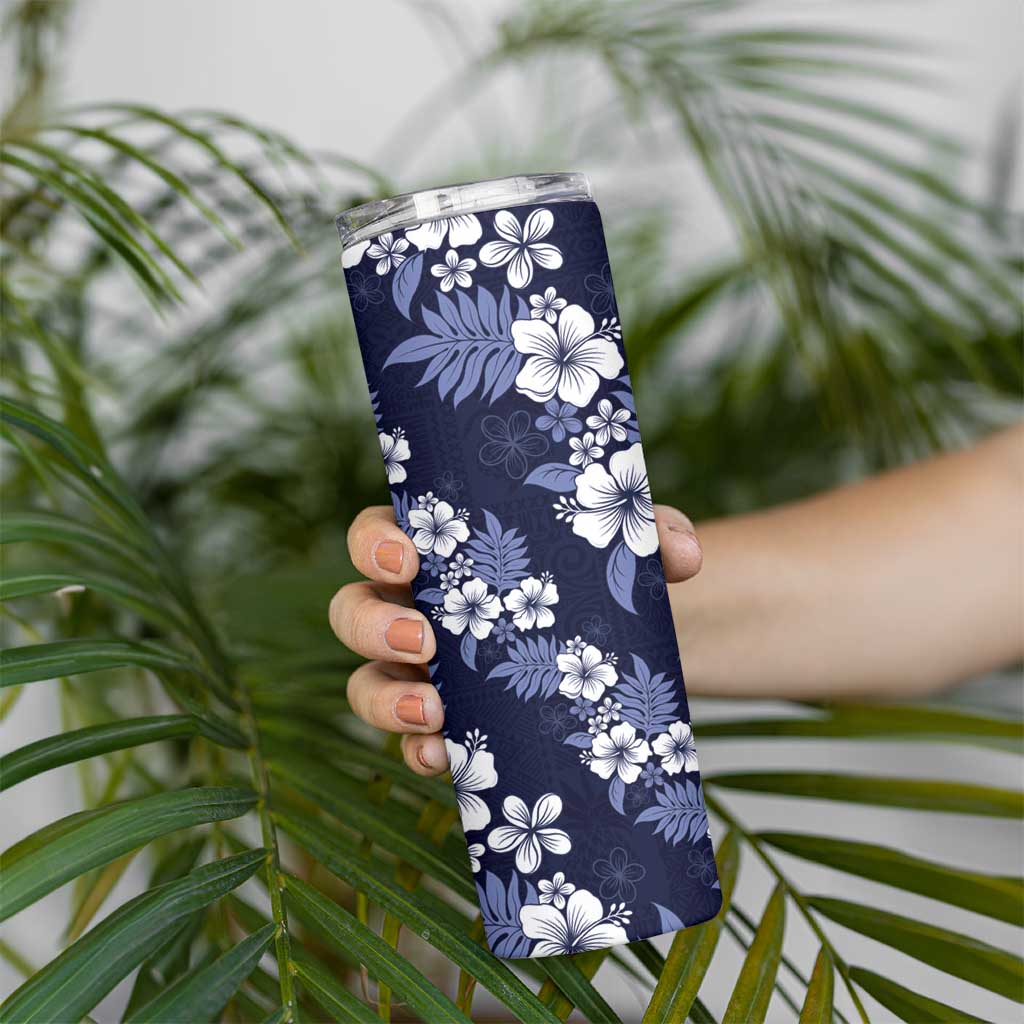 Hawaiian Hibiscus Tribal Floral Blue Skinny Tumbler Polynesian Tapa Pattern - Polynesian Pride