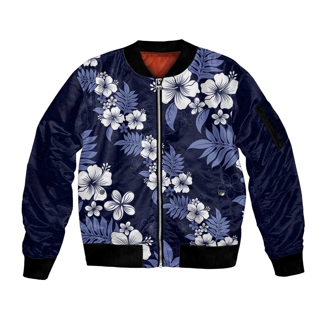 Hawaiian Hibiscus Tribal Floral Blue Sleeve Zip Bomber Jacket Polynesian Tapa Pattern - Polynesian Pride