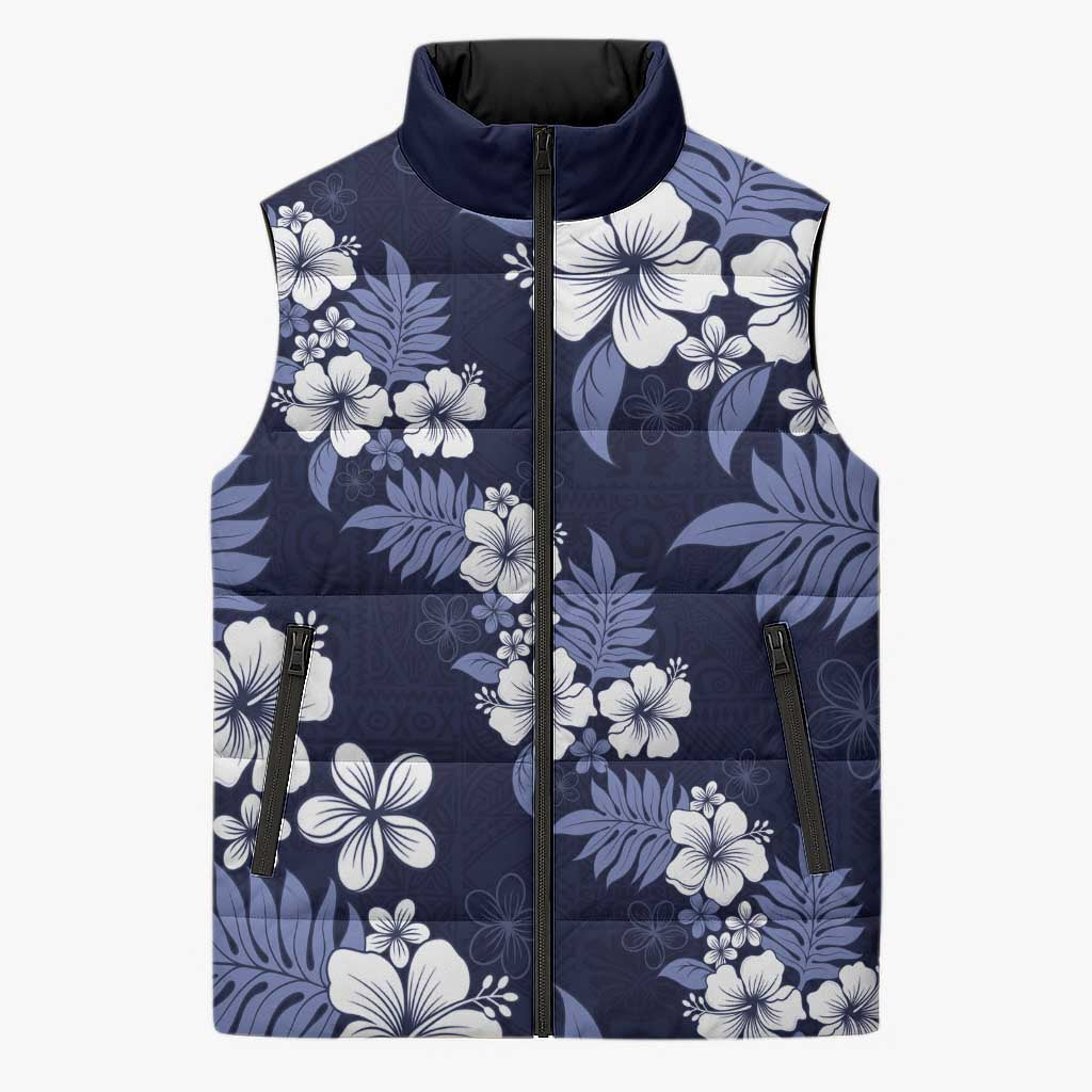 Hawaiian Hibiscus Tribal Floral Blue Sleeveless Puffer Jacket Polynesian Tapa Pattern LT01 Unisex Blue - Polynesian Pride