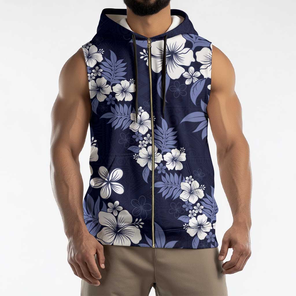 Hawaiian Hibiscus Tribal Floral Blue Sleeveless Zip Hoodie Polynesian Tapa Pattern - Polynesian Pride