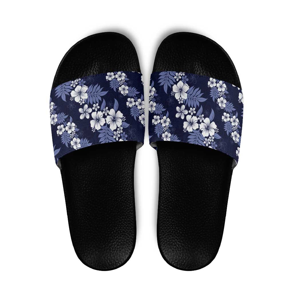 Hawaiian Hibiscus Tribal Floral Blue Slide Sandals Polynesian Tapa Pattern - Polynesian Pride