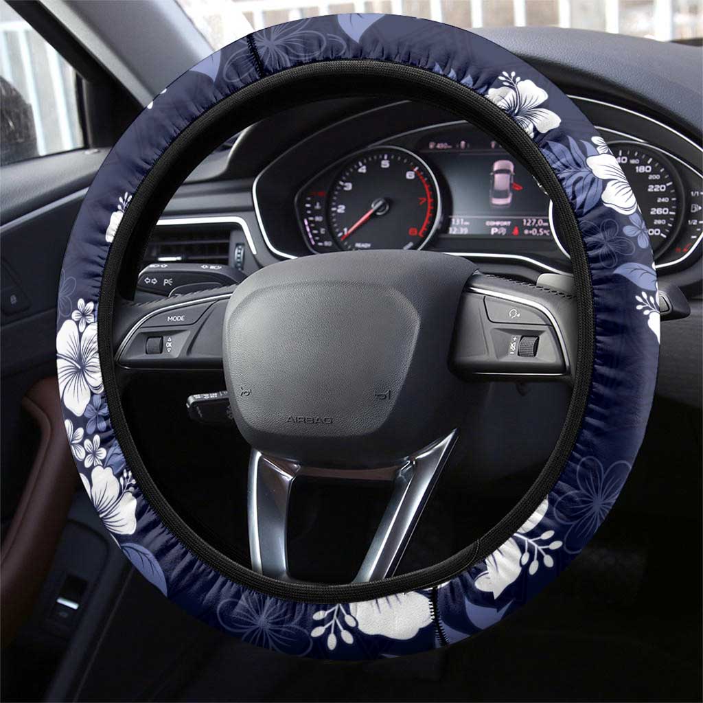 Hawaiian Hibiscus Tribal Floral Blue Steering Wheel Cover Polynesian Tapa Pattern - Polynesian Pride