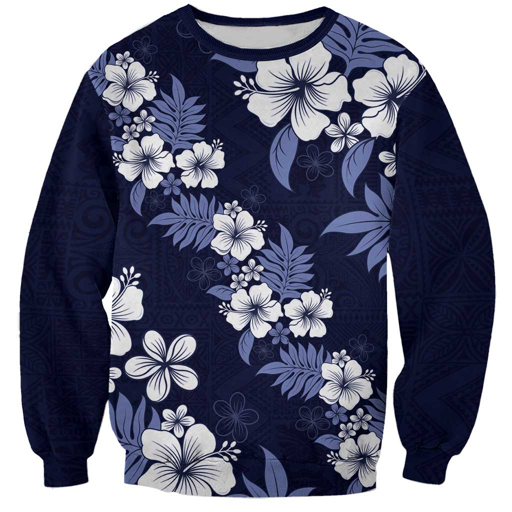 Hawaiian Hibiscus Tribal Floral Blue Sweatshirt Polynesian Tapa Pattern - Polynesian Pride