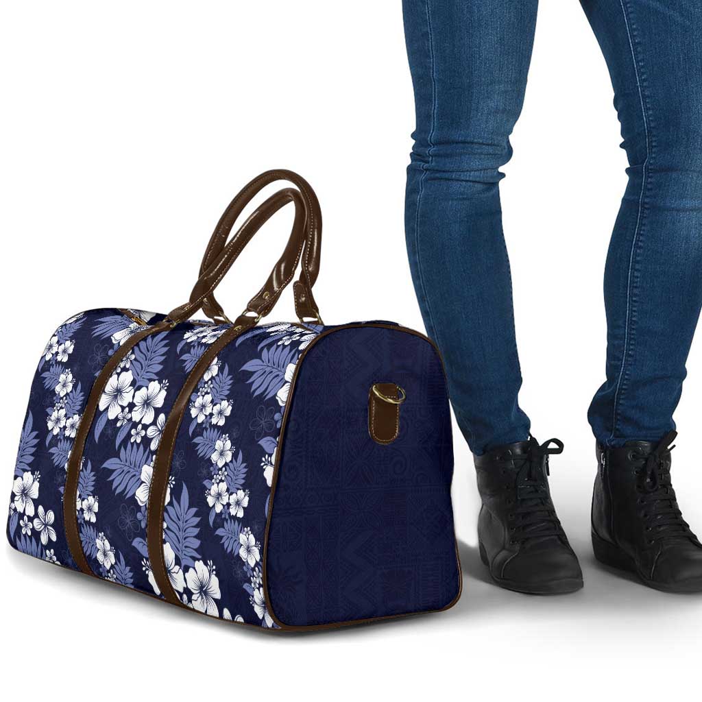 Hawaiian Hibiscus Tribal Floral Blue Travel Bag Polynesian Tapa Pattern - Polynesian Pride