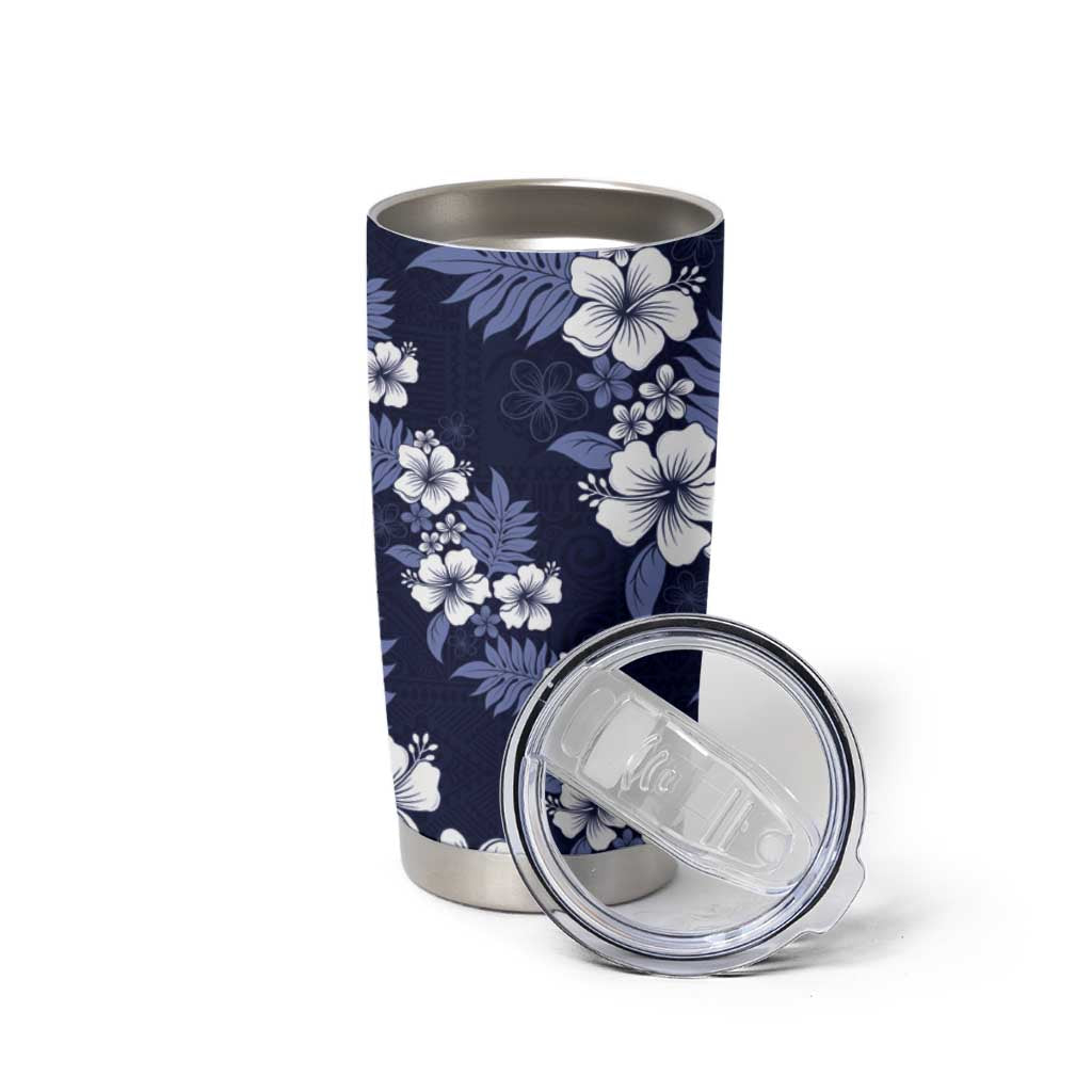Hawaiian Hibiscus Tribal Floral Blue Tumbler Cup Polynesian Tapa Pattern - Polynesian Pride