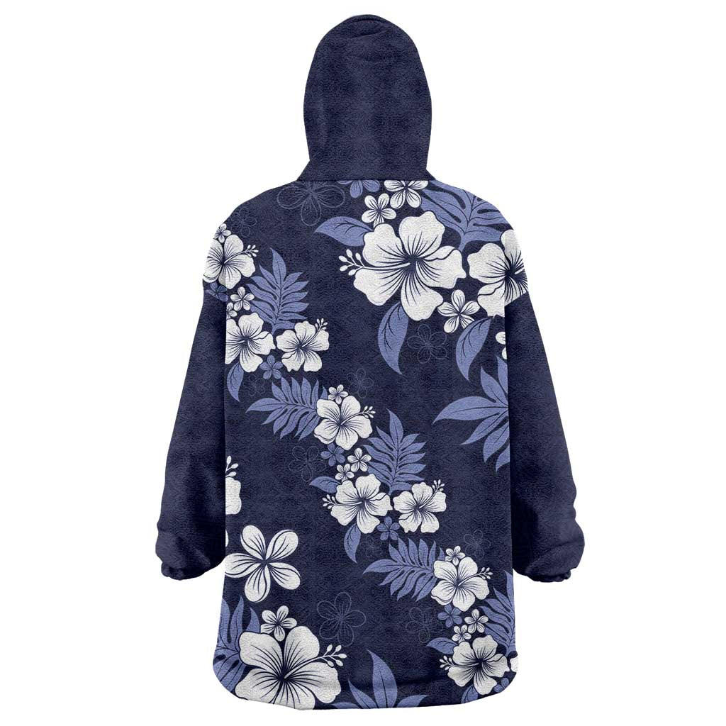 Hawaiian Hibiscus Tribal Floral Blue Wearable Blanket Hoodie Polynesian Tapa Pattern - Polynesian Pride
