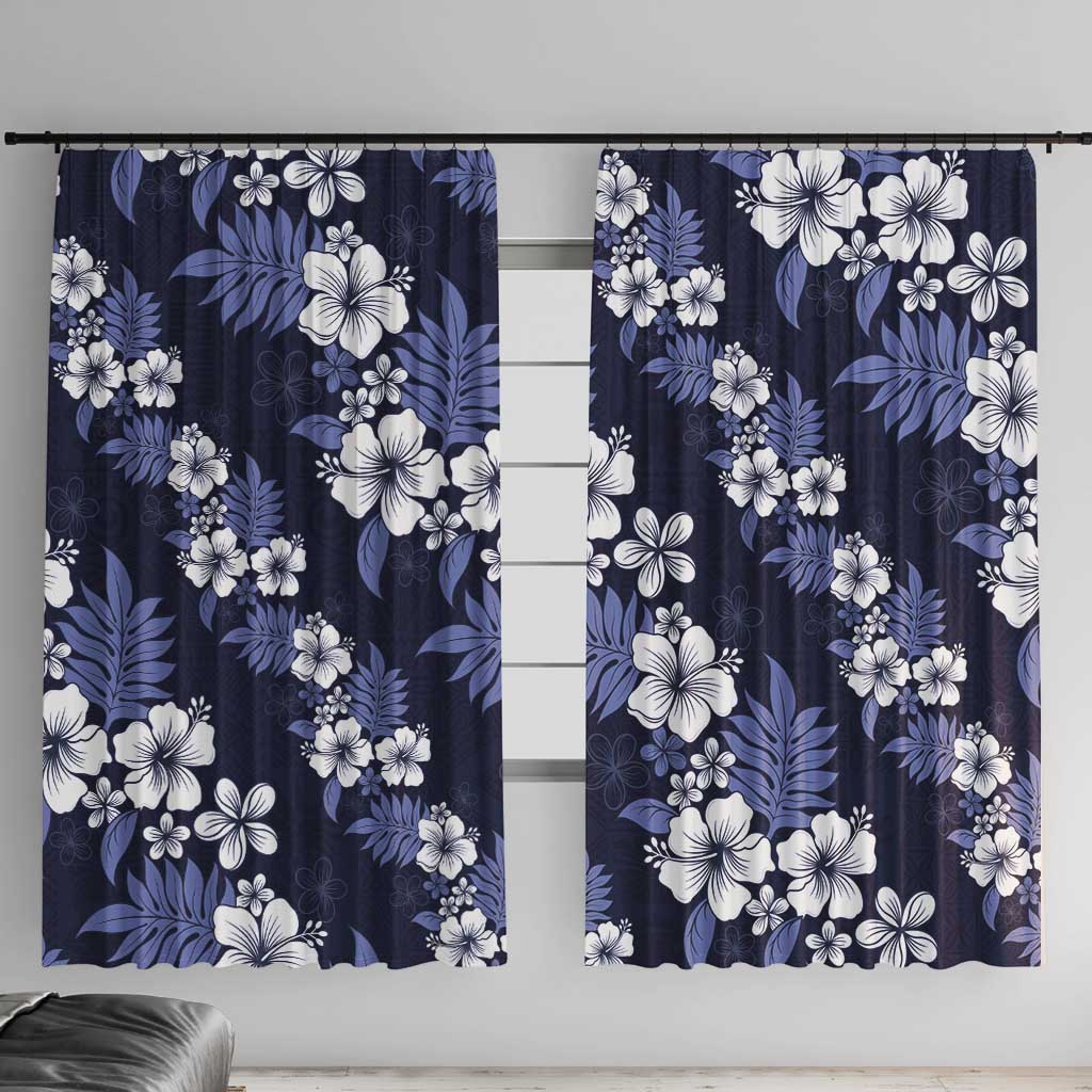 Hawaiian Hibiscus Tribal Floral Blue Window Curtain Polynesian Tapa Pattern LT01 With Hooks Blue - Polynesian Pride