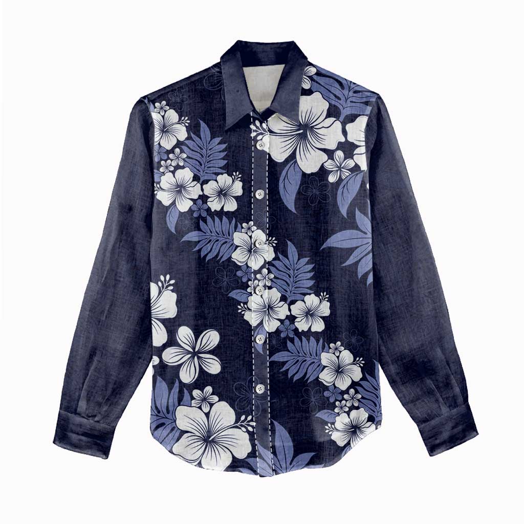 Hawaiian Hibiscus Tribal Floral Blue Women Casual Shirt Polynesian Tapa Pattern - Polynesian Pride