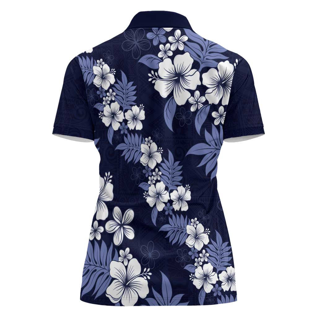 Hawaiian Hibiscus Tribal Floral Blue Women Polo Shirt Polynesian Tapa Pattern - Polynesian Pride