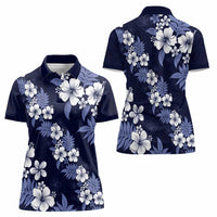 Hawaiian Hibiscus Tribal Floral Blue Women Polo Shirt Polynesian Tapa Pattern - Polynesian Pride