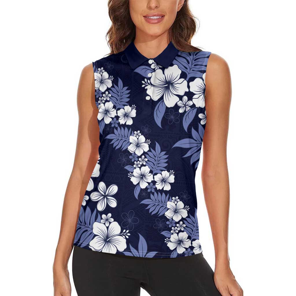 Hawaiian Hibiscus Tribal Floral Blue Women Sleeveless Polo Shirt Polynesian Tapa Pattern - Polynesian Pride