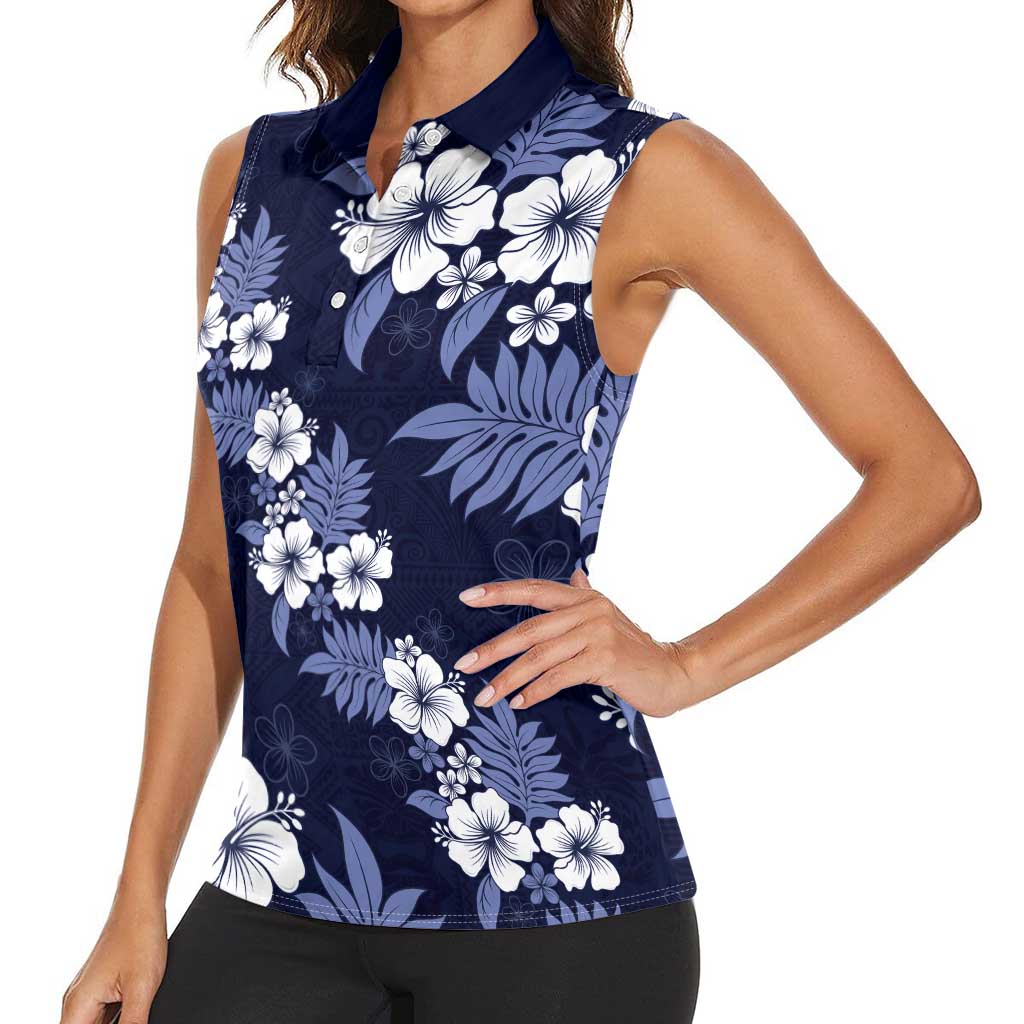 Hawaiian Hibiscus Tribal Floral Blue Women Sleeveless Polo Shirt Polynesian Tapa Pattern - Polynesian Pride