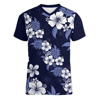 Hawaiian Hibiscus Tribal Floral Blue Women V-Neck T-Shirt Polynesian Tapa Pattern - Polynesian Pride