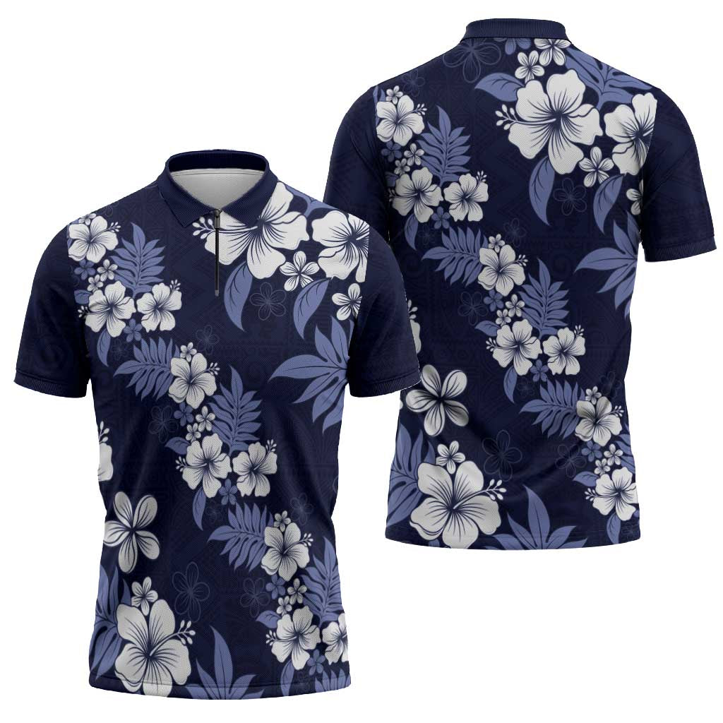 Hawaiian Hibiscus Tribal Floral Blue Zipper Polo Shirt Polynesian Tapa Pattern - Polynesian Pride