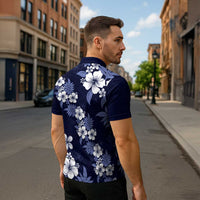 Hawaiian Hibiscus Tribal Floral Blue Zipper Polo Shirt Polynesian Tapa Pattern - Polynesian Pride
