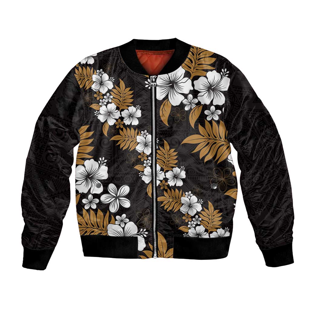 Hawaiian Hibiscus Tribal Floral Brown Bomber Jacket Polynesian Tapa Pattern - Polynesian Pride