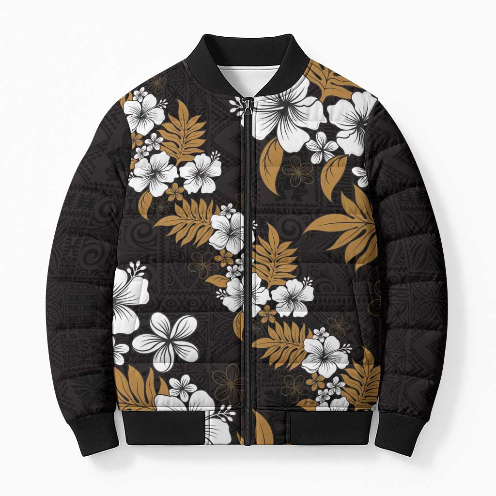 Hawaiian Hibiscus Tribal Floral Brown Bomber Puffer Jacket Polynesian Tapa Pattern LT01 Unisex Brown - Polynesian Pride