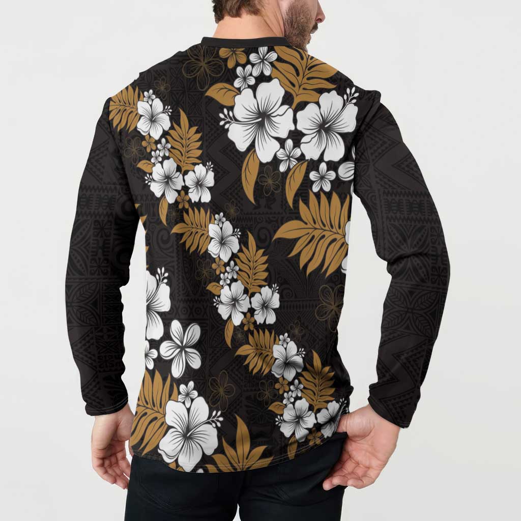 Hawaiian Hibiscus Tribal Floral Brown Button Sweatshirt Polynesian Tapa Pattern - Polynesian Pride