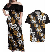 Hawaiian Hibiscus Tribal Floral Brown Couples Matching Off Shoulder Maxi Dress and Hawaiian Shirt Polynesian Tapa Pattern - Polynesian Pride
