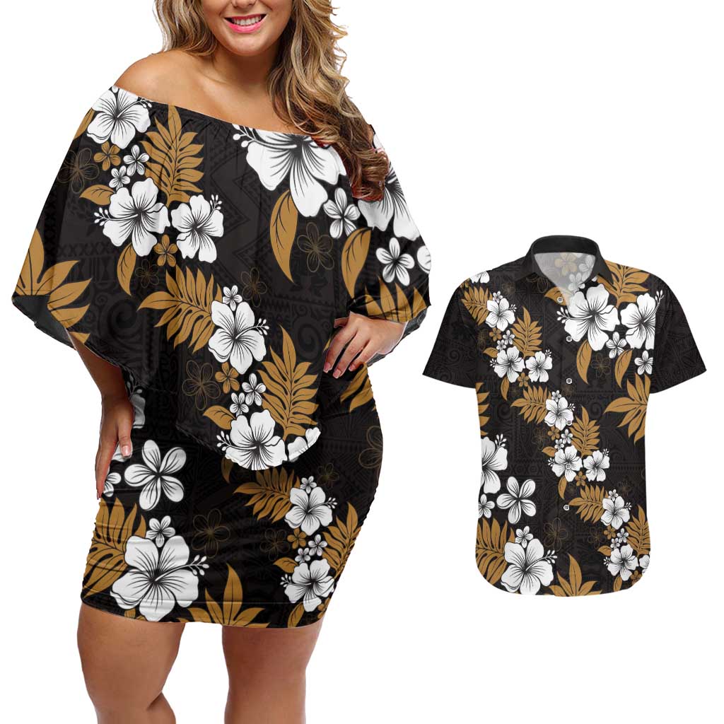 Hawaiian Hibiscus Tribal Floral Brown Couples Matching Off Shoulder Short Dress and Hawaiian Shirt Polynesian Tapa Pattern - Polynesian Pride