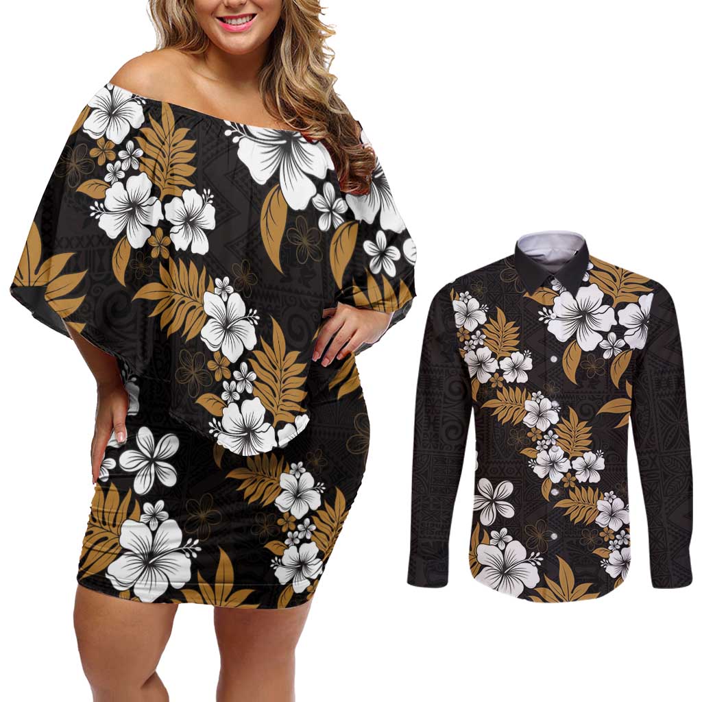 Hawaiian Hibiscus Tribal Floral Brown Couples Matching Off Shoulder Short Dress and Long Sleeve Button Shirt Polynesian Tapa Pattern - Polynesian Pride