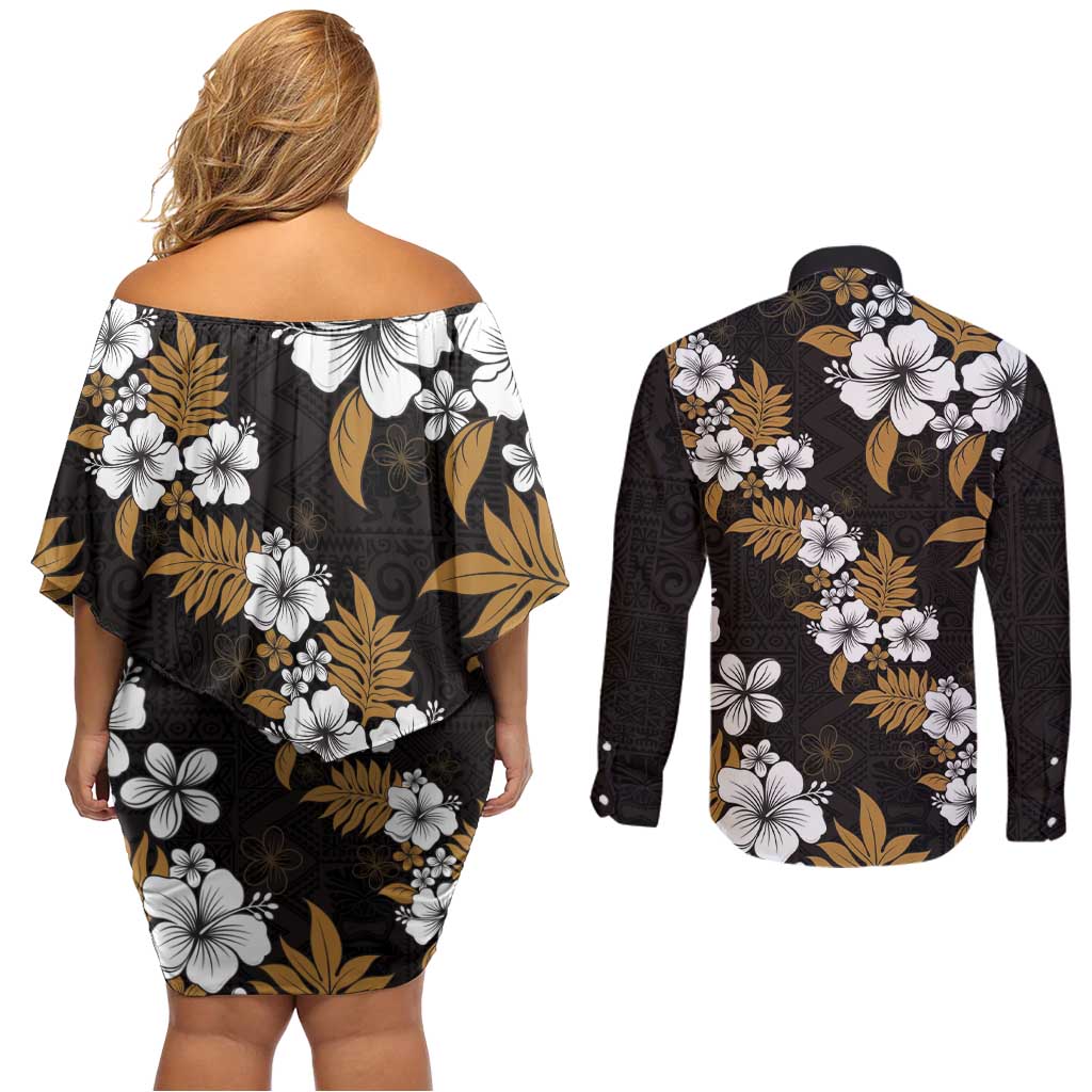 Hawaiian Hibiscus Tribal Floral Brown Couples Matching Off Shoulder Short Dress and Long Sleeve Button Shirt Polynesian Tapa Pattern - Polynesian Pride