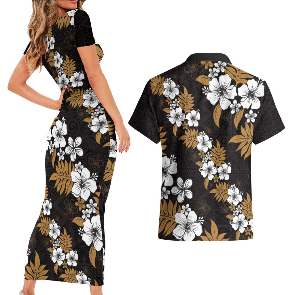 Hawaiian Hibiscus Tribal Floral Brown Couples Matching Short Sleeve Bodycon Dress and Hawaiian Shirt Polynesian Tapa Pattern - Polynesian Pride