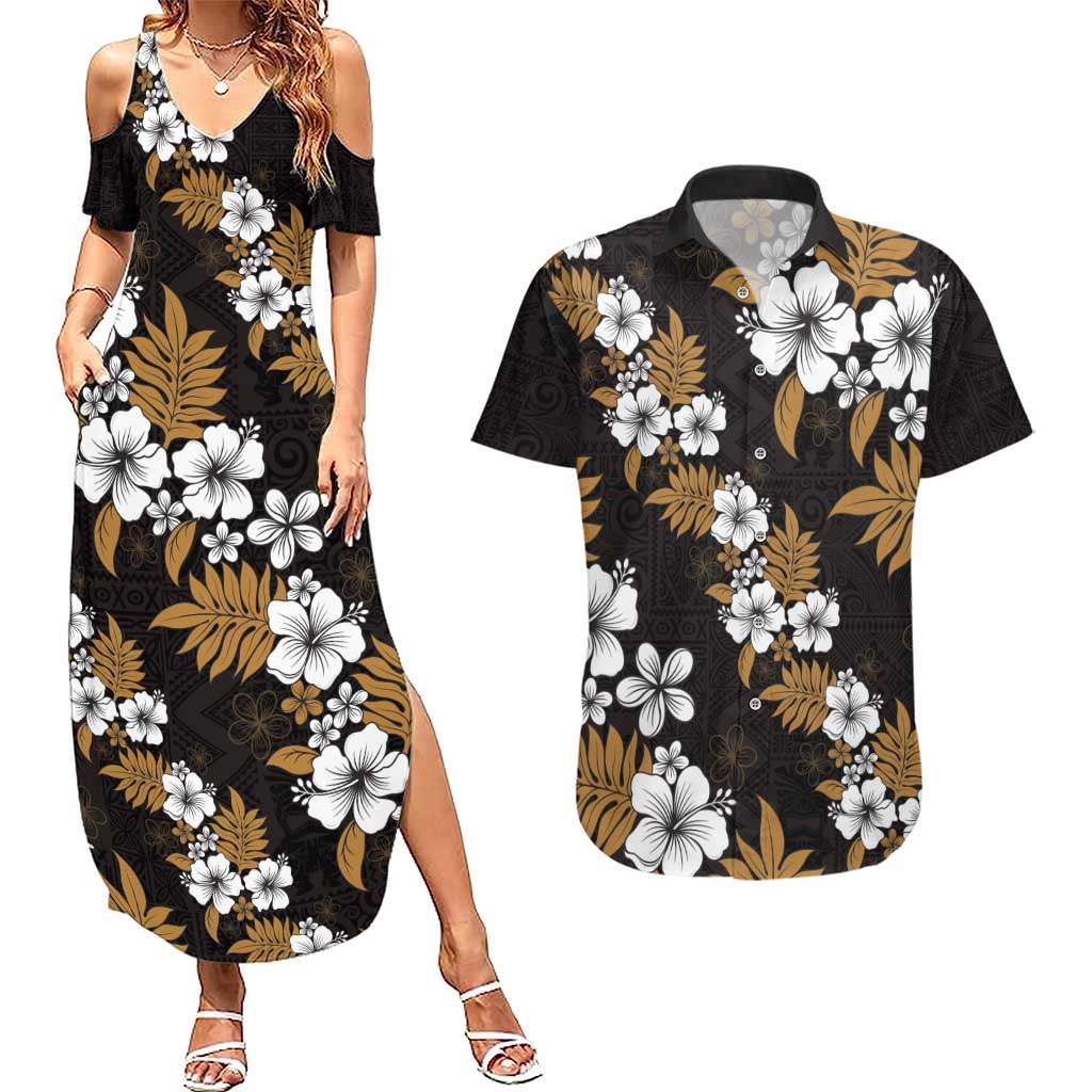 Hawaiian Hibiscus Tribal Floral Brown Couples Matching Summer Maxi Dress and Hawaiian Shirt Polynesian Tapa Pattern - Polynesian Pride