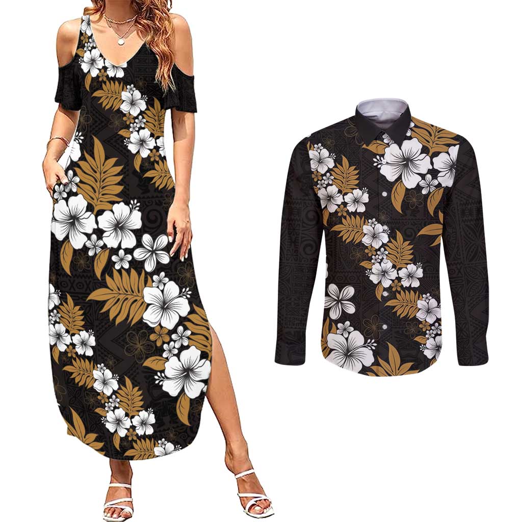 Hawaiian Hibiscus Tribal Floral Brown Couples Matching Summer Maxi Dress and Long Sleeve Button Shirt Polynesian Tapa Pattern - Polynesian Pride