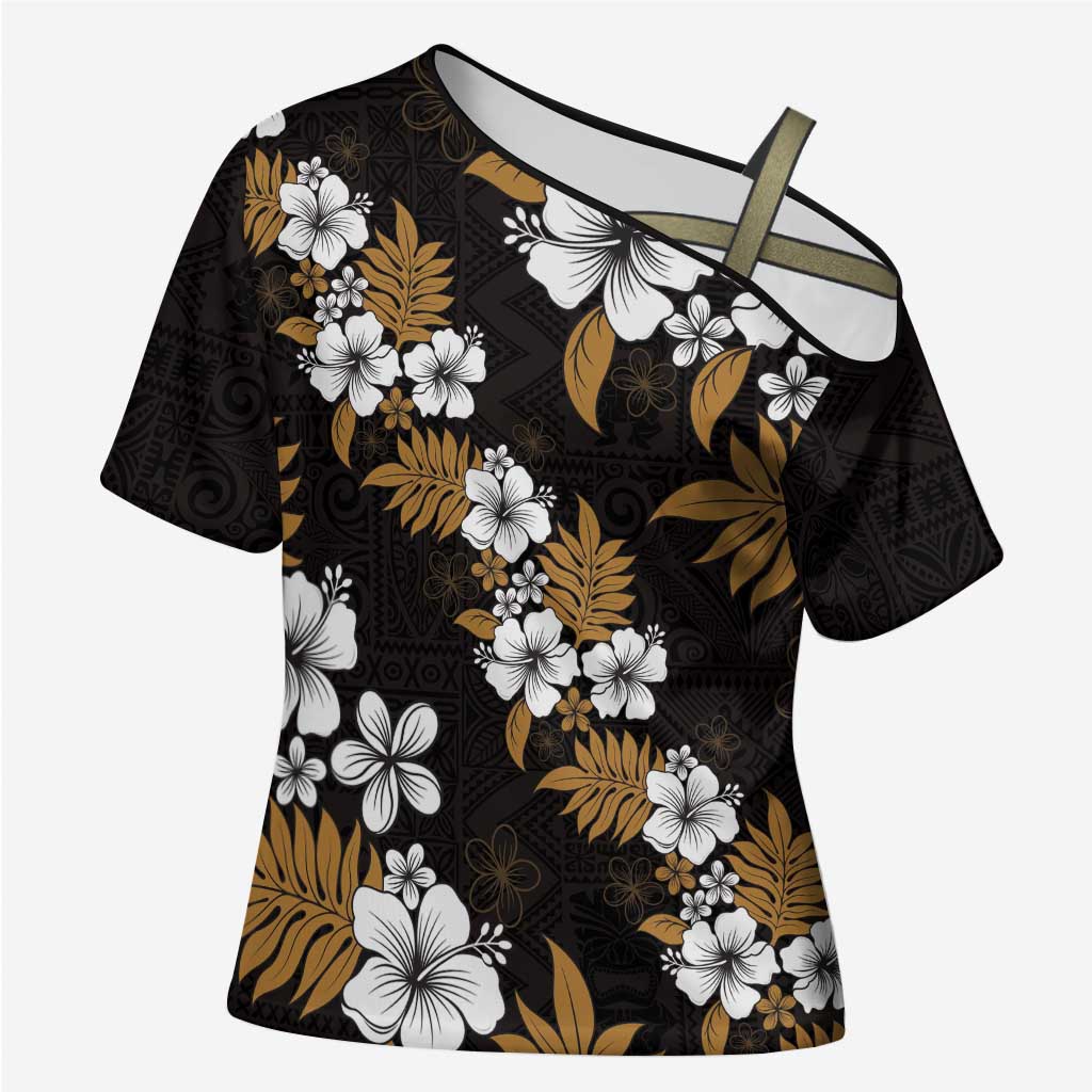 Hawaiian Hibiscus Tribal Floral Brown Cross Shoulder Shirt Polynesian Tapa Pattern LT01 Female Brown - Polynesian Pride