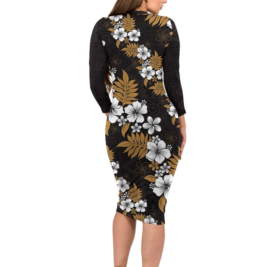 Hawaiian Hibiscus Tribal Floral Brown Family Matching Long Sleeve Bodycon Dress and Hawaiian Shirt Polynesian Tapa Pattern - Polynesian Pride