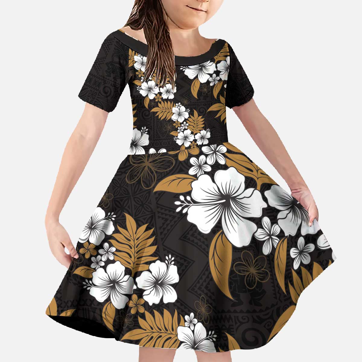 Hawaiian Hibiscus Tribal Floral Brown Family Matching Off The Shoulder Long Sleeve Dress and Hawaiian Shirt Polynesian Tapa Pattern - Polynesian Pride